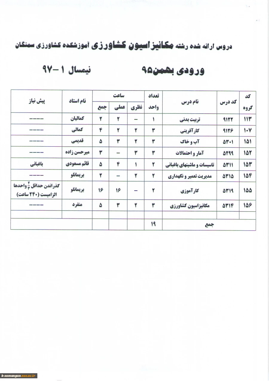 لیست دروس ارائه شده در نیمسال اول سال تحصیلی 98-97  به تفکیک رشته و ورودی 7